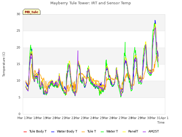 plot of Mayberry Tule Tower: IRT and Sensor Temp