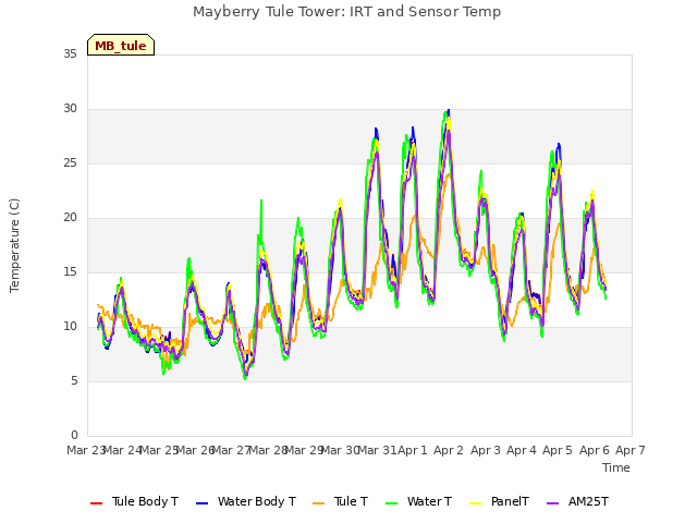 plot of Mayberry Tule Tower: IRT and Sensor Temp
