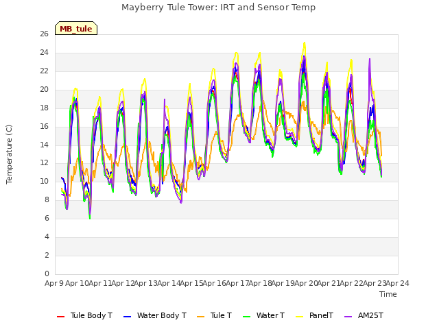 plot of Mayberry Tule Tower: IRT and Sensor Temp