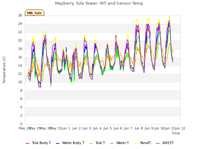 plot of Mayberry Tule Tower: IRT and Sensor Temp