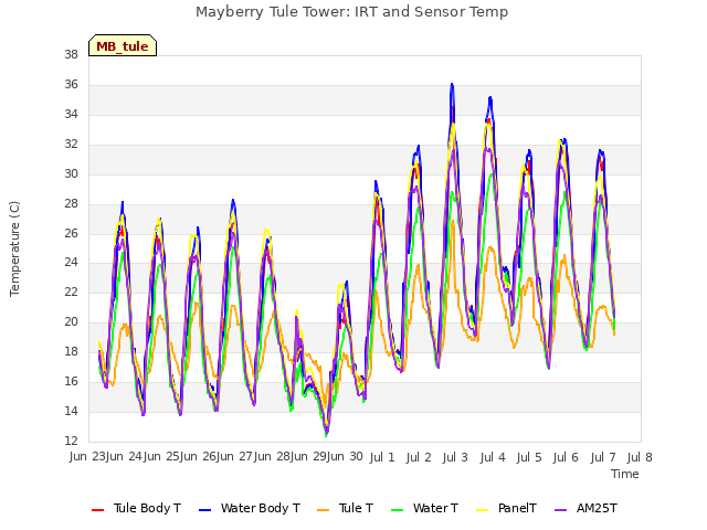 plot of Mayberry Tule Tower: IRT and Sensor Temp