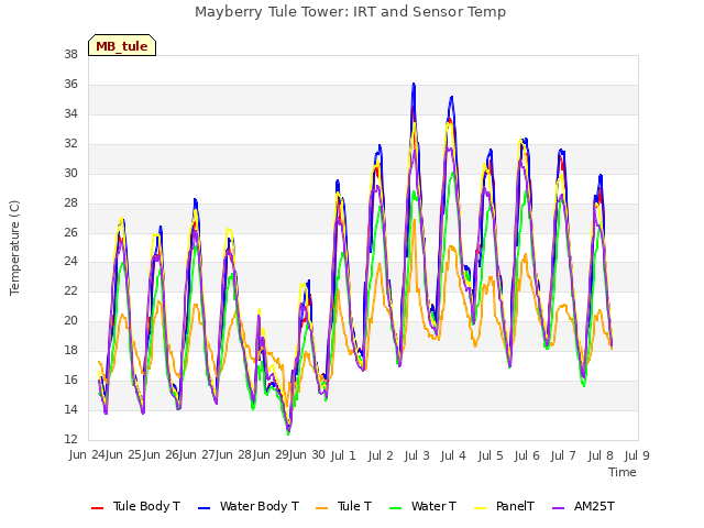 plot of Mayberry Tule Tower: IRT and Sensor Temp