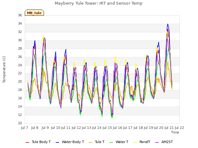 plot of Mayberry Tule Tower: IRT and Sensor Temp