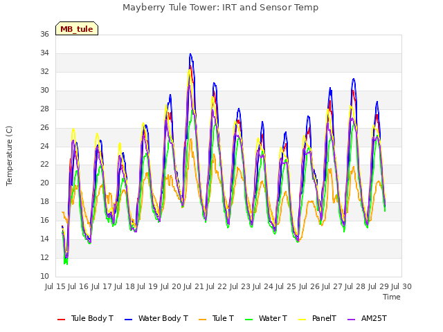 plot of Mayberry Tule Tower: IRT and Sensor Temp