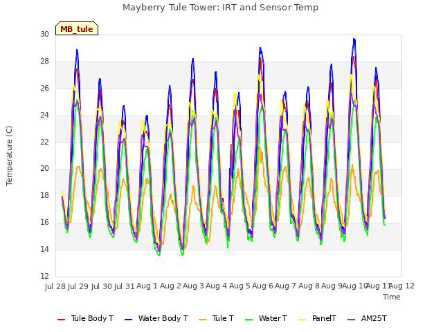 plot of Mayberry Tule Tower: IRT and Sensor Temp