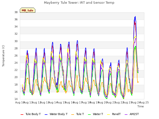 plot of Mayberry Tule Tower: IRT and Sensor Temp