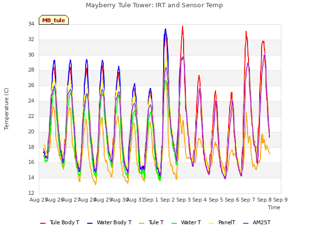 plot of Mayberry Tule Tower: IRT and Sensor Temp