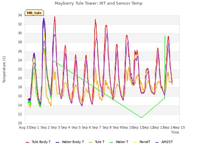 plot of Mayberry Tule Tower: IRT and Sensor Temp