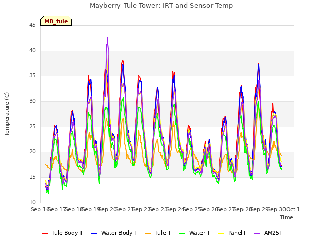 plot of Mayberry Tule Tower: IRT and Sensor Temp