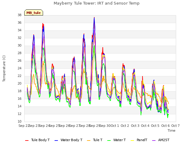 plot of Mayberry Tule Tower: IRT and Sensor Temp