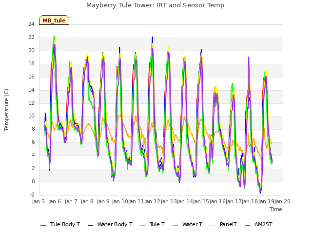 plot of Mayberry Tule Tower: IRT and Sensor Temp