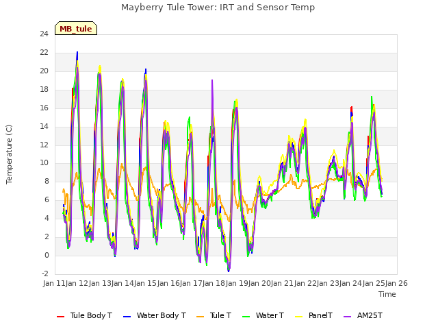 plot of Mayberry Tule Tower: IRT and Sensor Temp