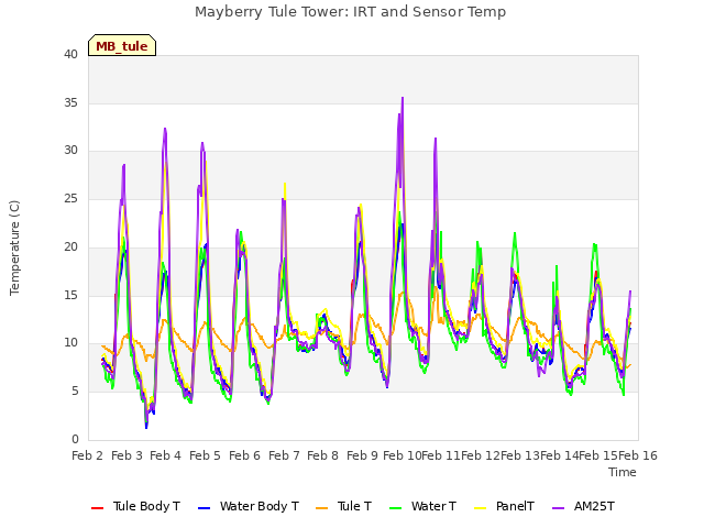 plot of Mayberry Tule Tower: IRT and Sensor Temp