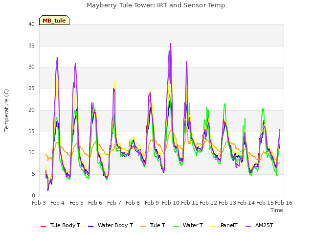 plot of Mayberry Tule Tower: IRT and Sensor Temp