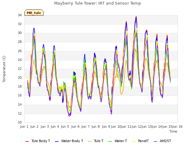 plot of Mayberry Tule Tower: IRT and Sensor Temp