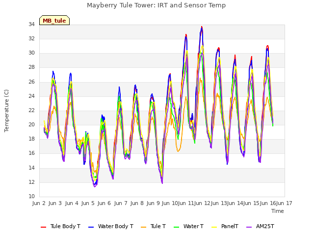 plot of Mayberry Tule Tower: IRT and Sensor Temp