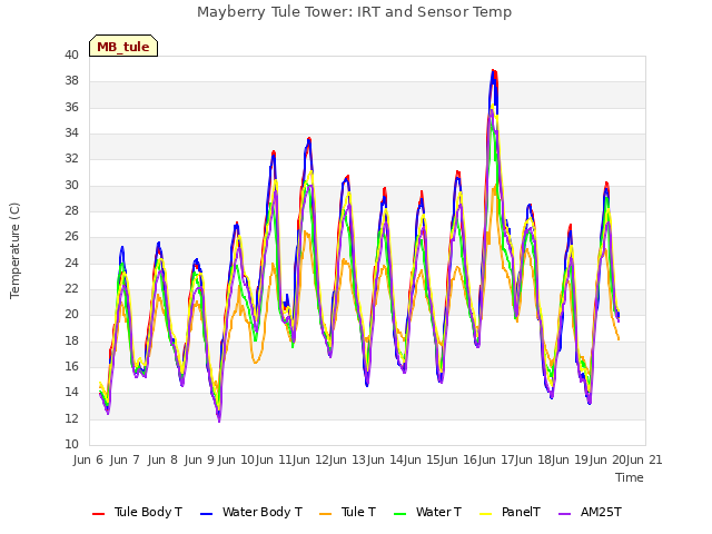 plot of Mayberry Tule Tower: IRT and Sensor Temp