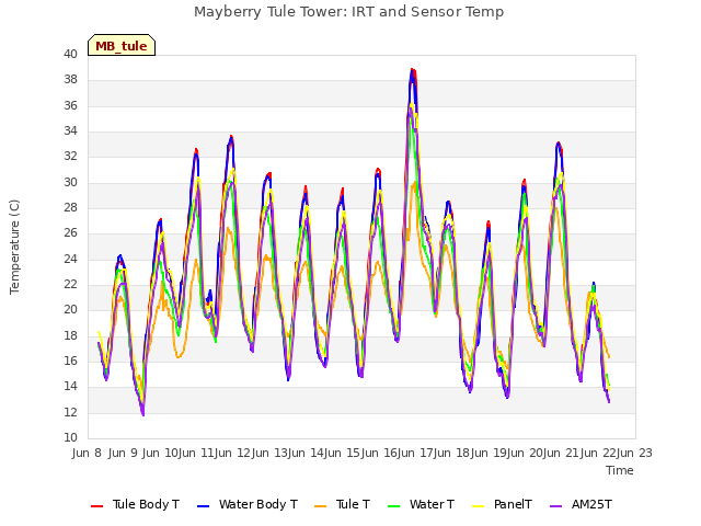 plot of Mayberry Tule Tower: IRT and Sensor Temp