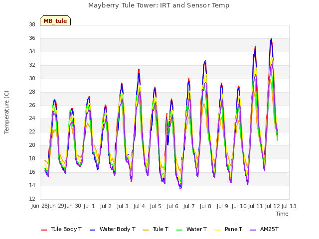 plot of Mayberry Tule Tower: IRT and Sensor Temp