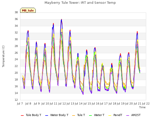 plot of Mayberry Tule Tower: IRT and Sensor Temp