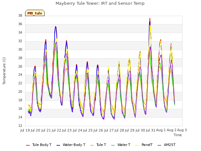 plot of Mayberry Tule Tower: IRT and Sensor Temp