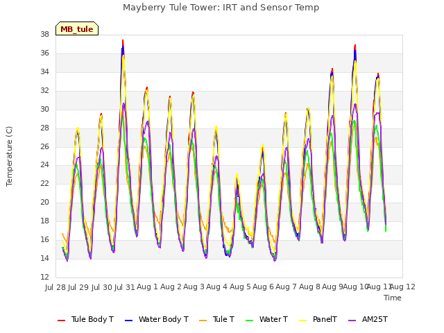 plot of Mayberry Tule Tower: IRT and Sensor Temp