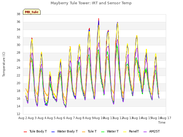 plot of Mayberry Tule Tower: IRT and Sensor Temp