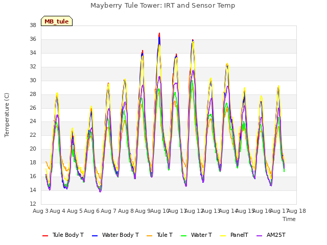 plot of Mayberry Tule Tower: IRT and Sensor Temp