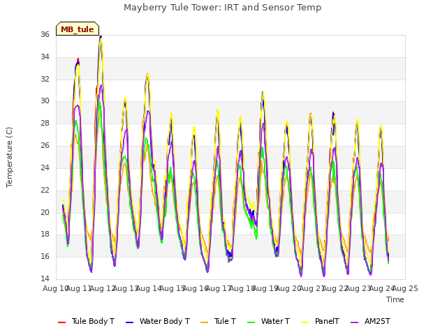 plot of Mayberry Tule Tower: IRT and Sensor Temp