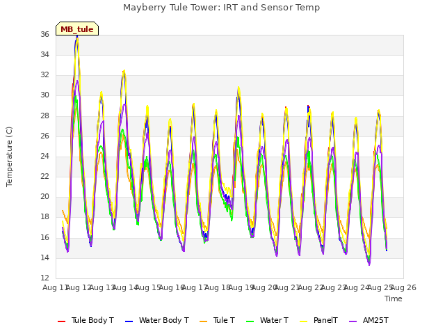 plot of Mayberry Tule Tower: IRT and Sensor Temp
