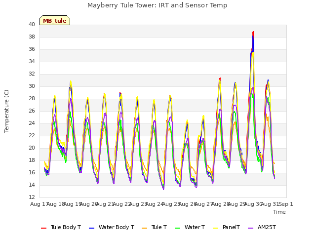 plot of Mayberry Tule Tower: IRT and Sensor Temp