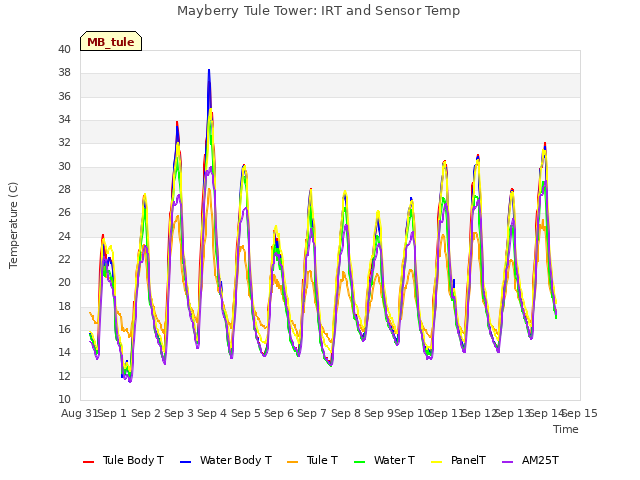 plot of Mayberry Tule Tower: IRT and Sensor Temp