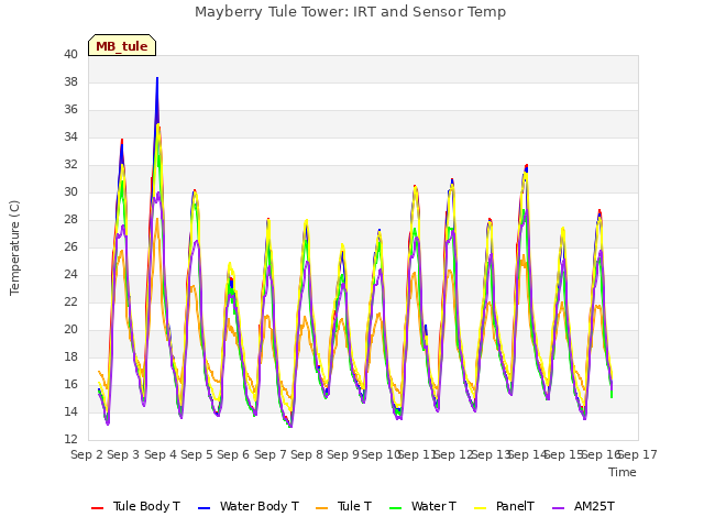 plot of Mayberry Tule Tower: IRT and Sensor Temp