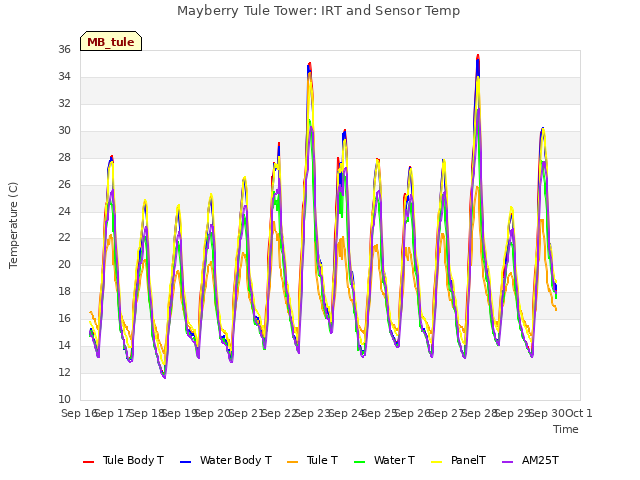 plot of Mayberry Tule Tower: IRT and Sensor Temp