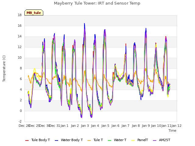 plot of Mayberry Tule Tower: IRT and Sensor Temp