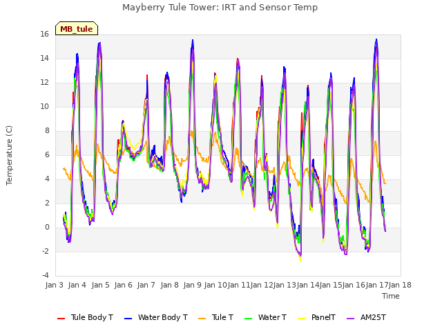 plot of Mayberry Tule Tower: IRT and Sensor Temp