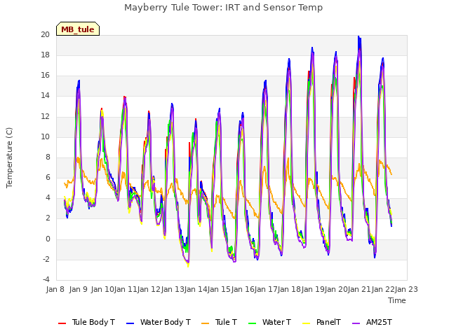 plot of Mayberry Tule Tower: IRT and Sensor Temp