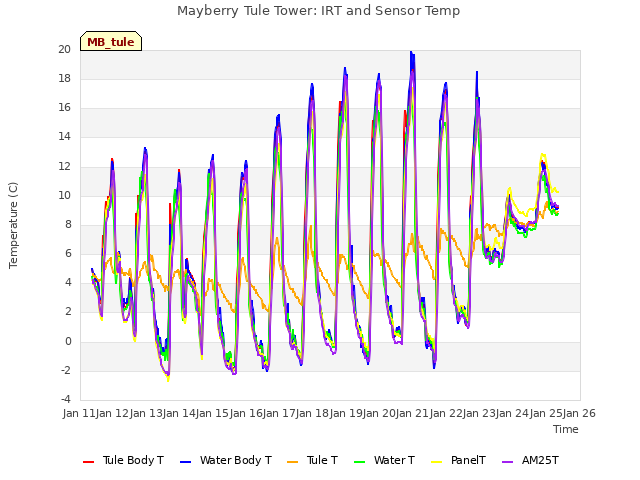 plot of Mayberry Tule Tower: IRT and Sensor Temp