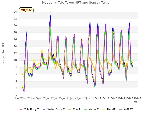 plot of Mayberry Tule Tower: IRT and Sensor Temp