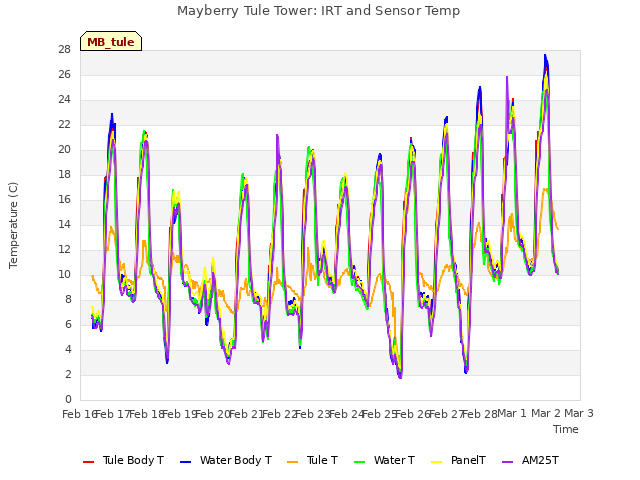 plot of Mayberry Tule Tower: IRT and Sensor Temp