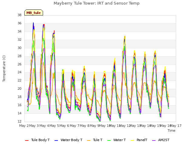 plot of Mayberry Tule Tower: IRT and Sensor Temp