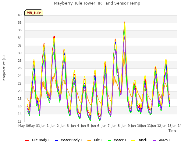 plot of Mayberry Tule Tower: IRT and Sensor Temp