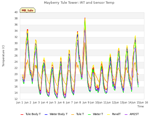 plot of Mayberry Tule Tower: IRT and Sensor Temp