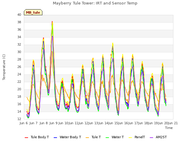 plot of Mayberry Tule Tower: IRT and Sensor Temp