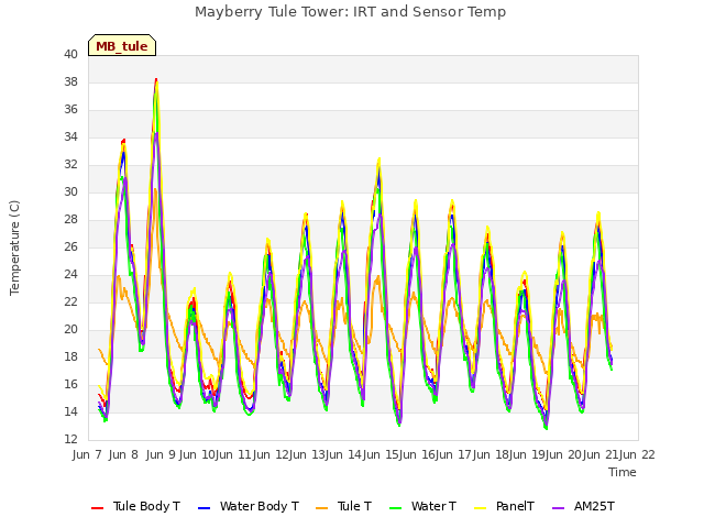 plot of Mayberry Tule Tower: IRT and Sensor Temp