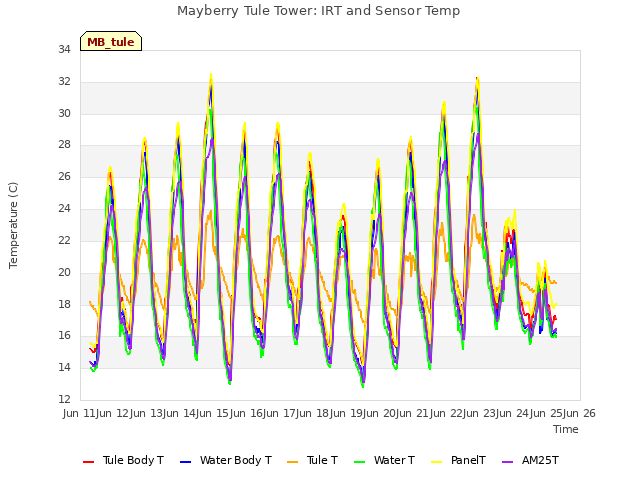 plot of Mayberry Tule Tower: IRT and Sensor Temp