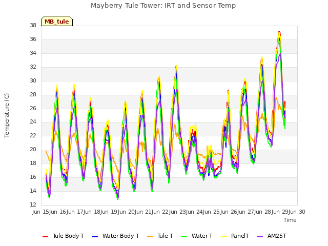 plot of Mayberry Tule Tower: IRT and Sensor Temp