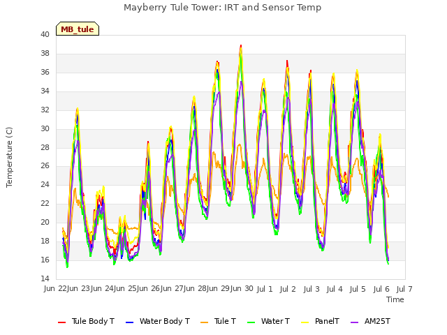 plot of Mayberry Tule Tower: IRT and Sensor Temp