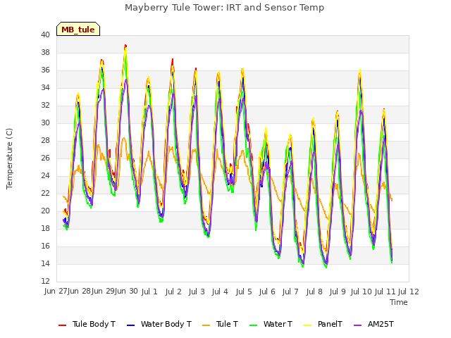 plot of Mayberry Tule Tower: IRT and Sensor Temp