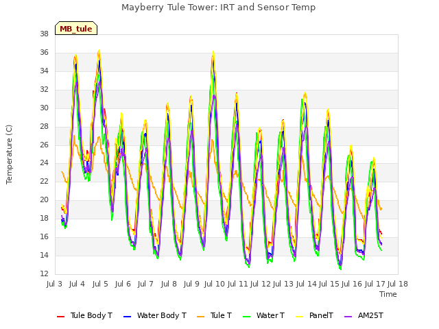 plot of Mayberry Tule Tower: IRT and Sensor Temp